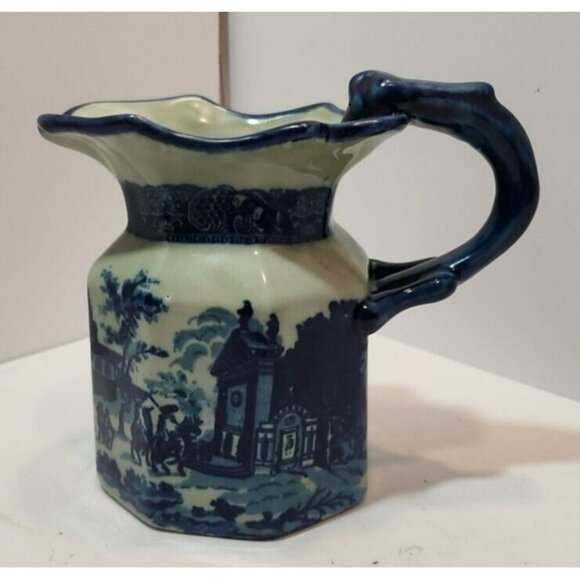 Vtg Victoria Ware Octagonal 1920's  Ironstone Blue Pitcher 7" Tall by 8" Wide - Picture 1 of 13